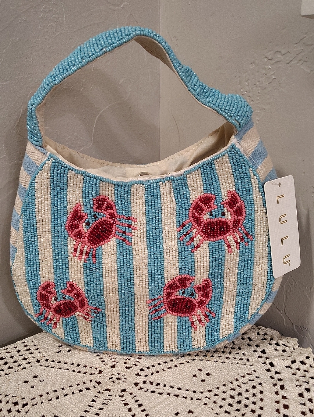 Lulu Hand-Beaded Crab Beach Scene Arm Bag NWT Blue